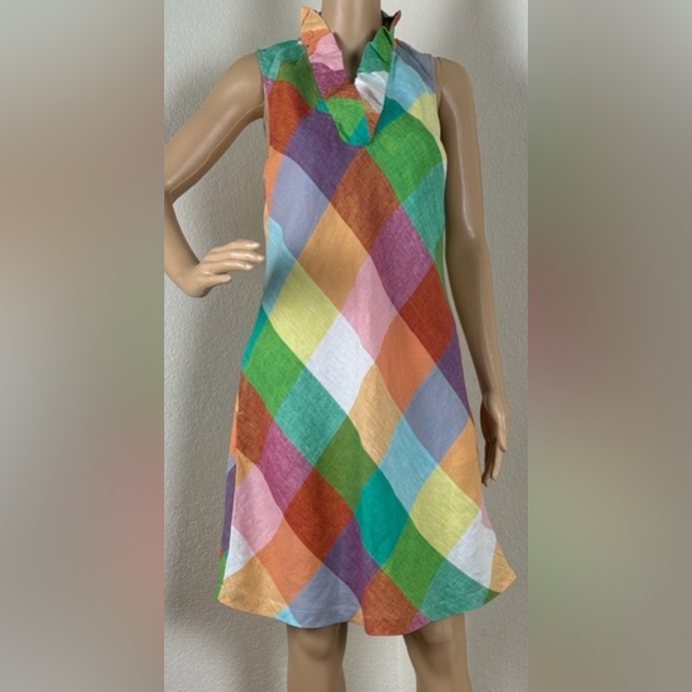 .CROWN and IVY Multicolor 100% Linen Sleeveless Dress w/pockets Size S